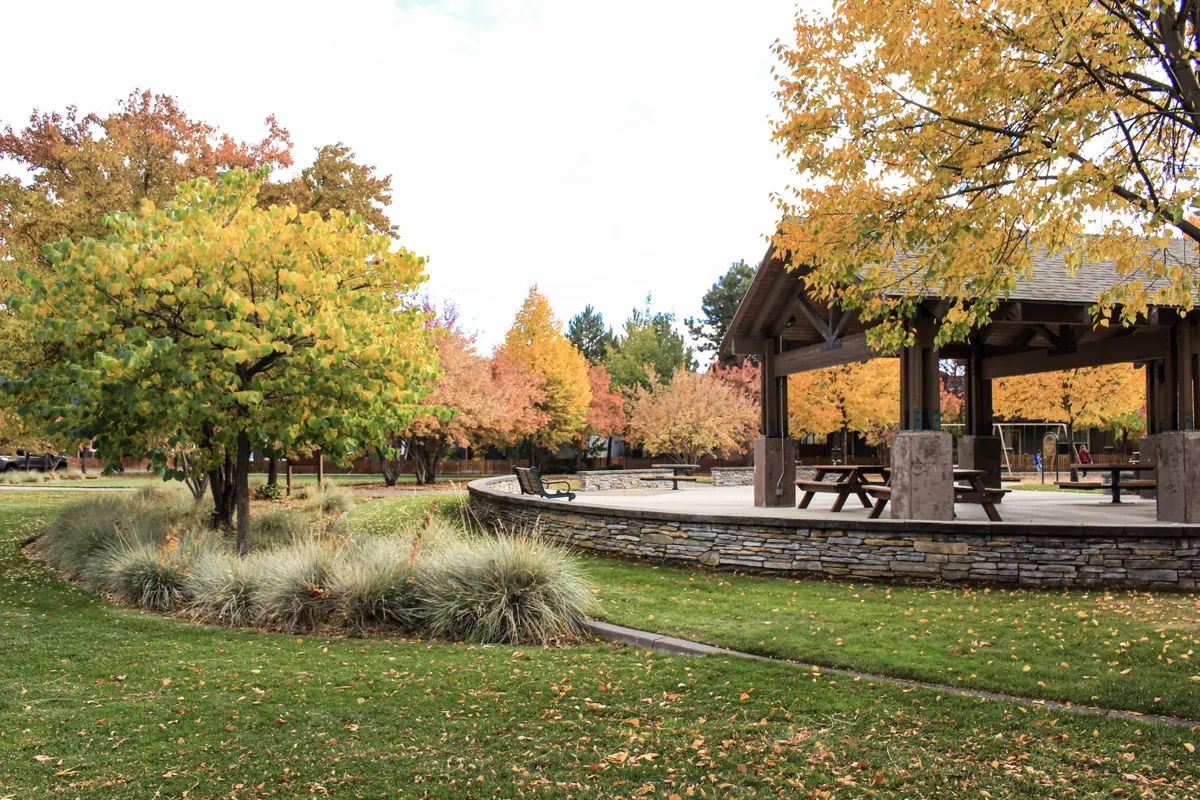 The image depicts a serene neighborhood park pavilion surrounded by mature trees, benches, and lush landscaping. The tranquil setting suggests a place for community yoga, picnics, or simply relaxing outdoors—a direct nod to the local activities highlighted in the section.